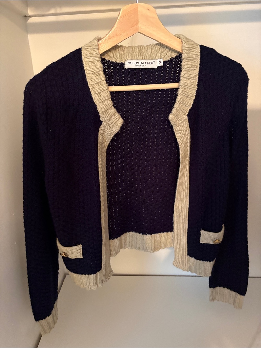 Cotton Emporium Navy and Cream Open-Front Cropped Cardigan